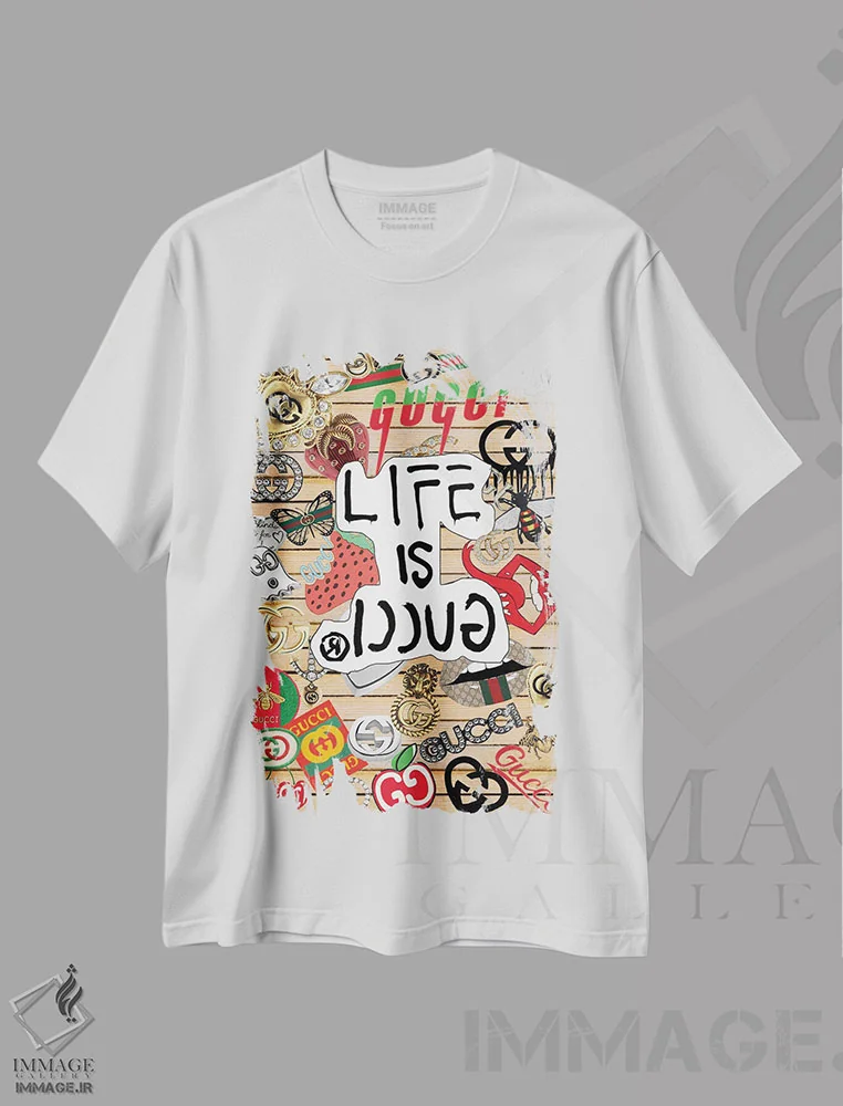 تیشرت سفید طرح دار برچسب های گوچی، هنر دیجیتال اثر جولی شریبر | immage.ir