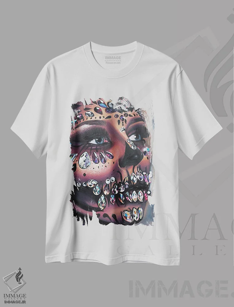 تیشرت سفید طرح دار جمجمه آب نباتی، هنر فاخر معاصر اثر جولیا رایان | فروشگاه ایماژ