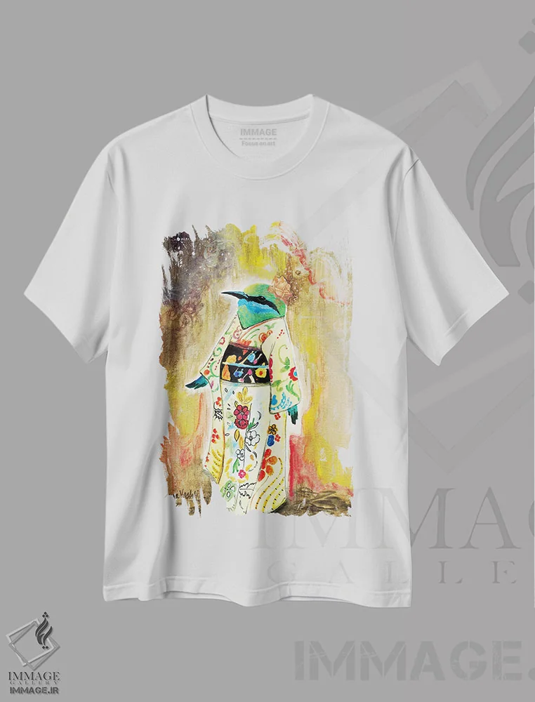 تیشرت سفید طرح دار پرنده ی کیمونوپوش، دکور آسیایی اثر جانا واشتی | فروشگاه ایماژ