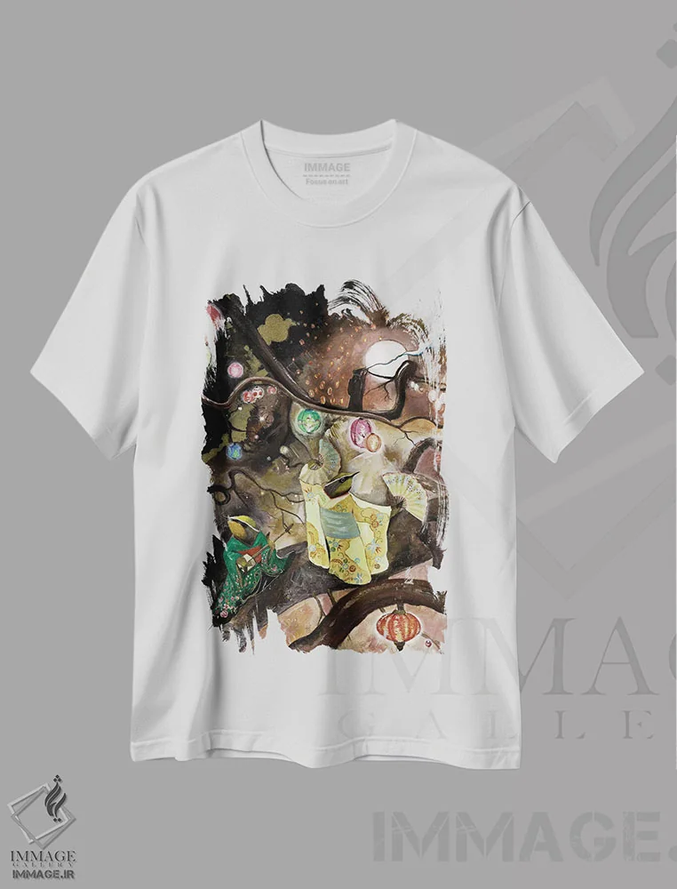 تیشرت سفید طرح دار مهمانی کیمونو، دکور آسیایی اثر جانا واشتی | immage.ir