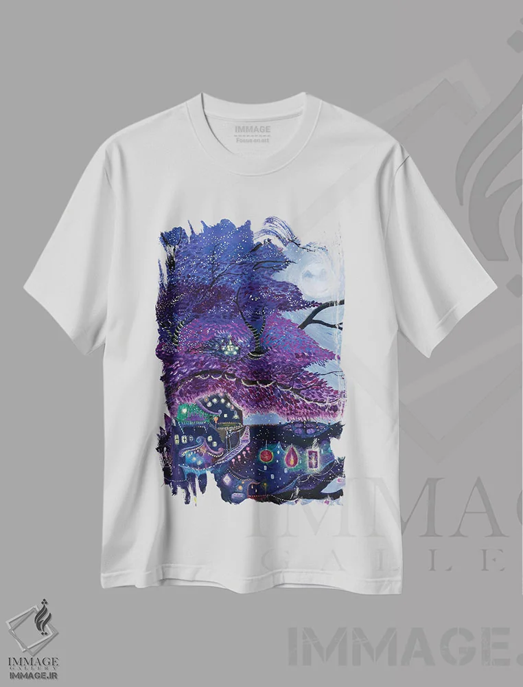 تیشرت سفید طرح دار رویای بنفش من، دکور آسیایی اثر جانا واشتی | فروشگاه ایماژ