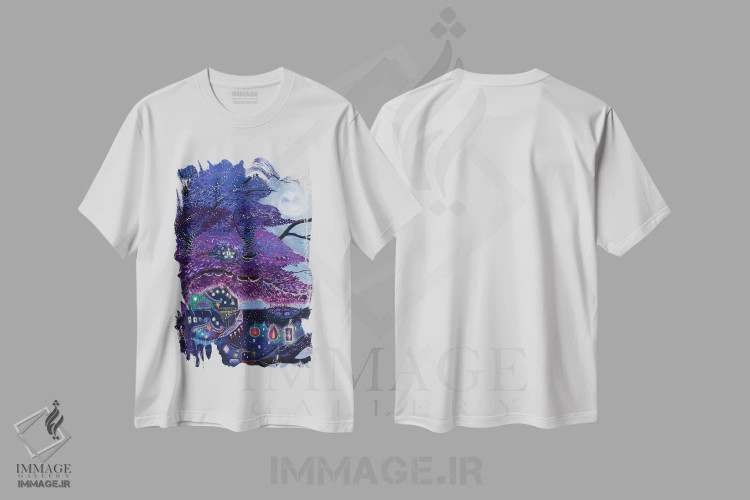تیشرت سفید طرح دار رویای بنفش من، دکور آسیایی اثر جانا واشتی | فروشگاه ایماژ