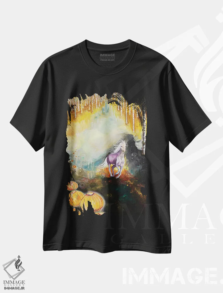 تیشرت مشکی طرح دار سه زندگی، هنر عامیانه اثر جانا واشتی | فروشگاه ایماژ