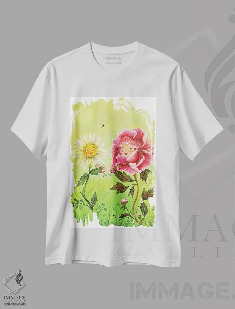 تیشرت سفید طرح دار سه زندگی، هنر عامیانه اثر جانا واشتی | immage.ir