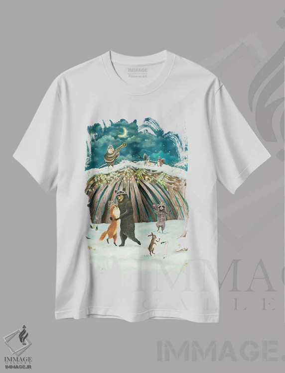 تیشرت سفید طرح دار افسون زمان کریسمس، هنر عامیانه اثر جانا واشتی | فروشگاه ایماژ