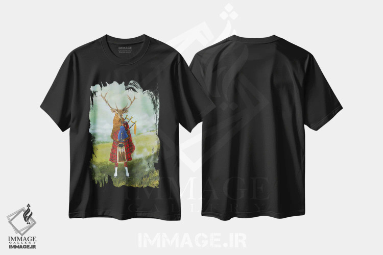 تیشرت مشکی طرح دار آنگوس در سرزمین گوزن ها، مدیوم اثر جانا واشتی | فروشگاه ایماژ