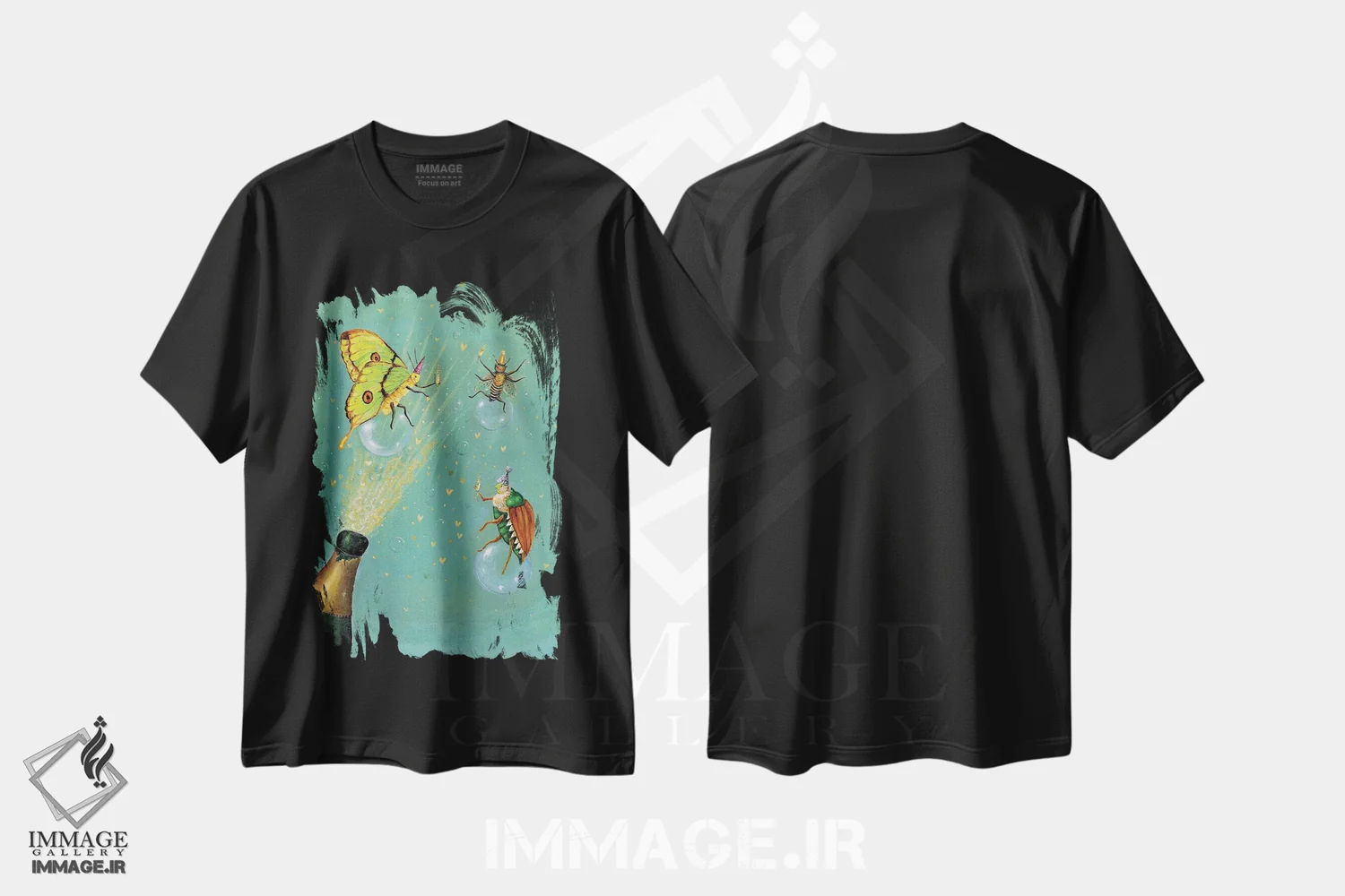 تیشرت مشکی طرح دار کمی جوشش، دست نقاشی و طراحی دستی اثر جانا واشتی | immage.ir