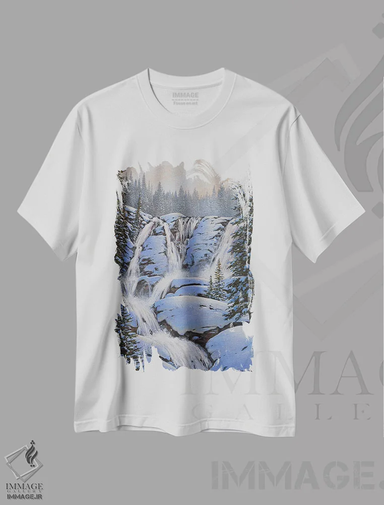 تیشرت سفید طرح دار آبشارهای زمستانی، هنر فاخر معاصر اثر جیک وندن برینگک | فروشگاه ایماژ