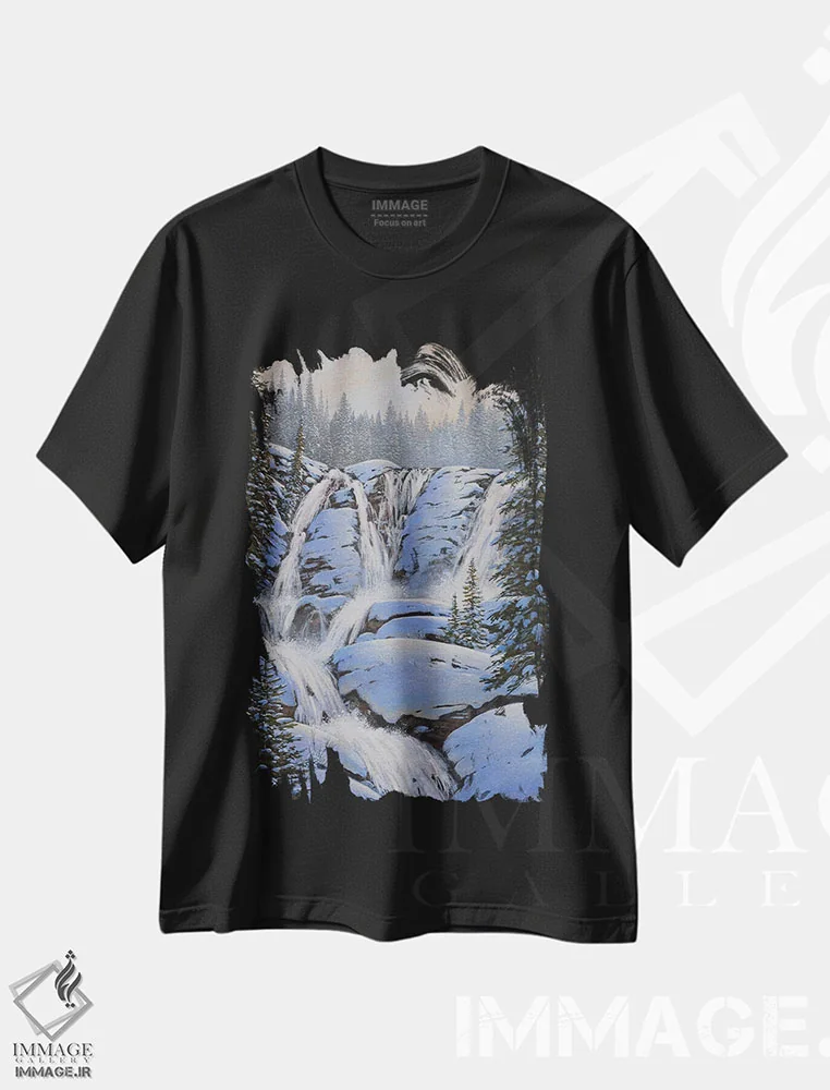 تیشرت مشکی طرح دار آبشارهای زمستانی، هنر فاخر معاصر اثر جیک وندن برینگک | immage.ir