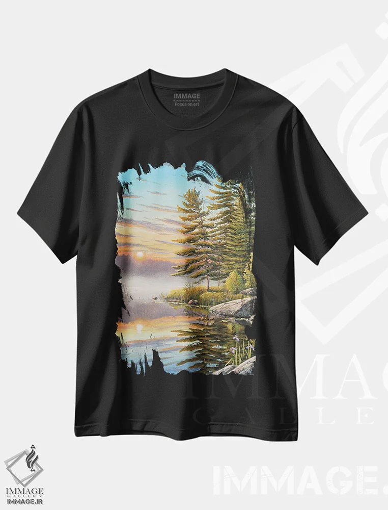تیشرت مشکی طرح دار خورشید صبحگاهی، دکور کلبه و لژ اثر جیک وندن برینگک | فروشگاه ایماژ
