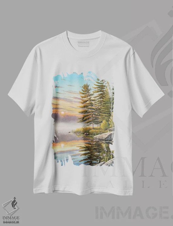 تیشرت سفید طرح دار خورشید صبحگاهی، دکور کلبه و لژ اثر جیک وندن برینگک | immage.ir