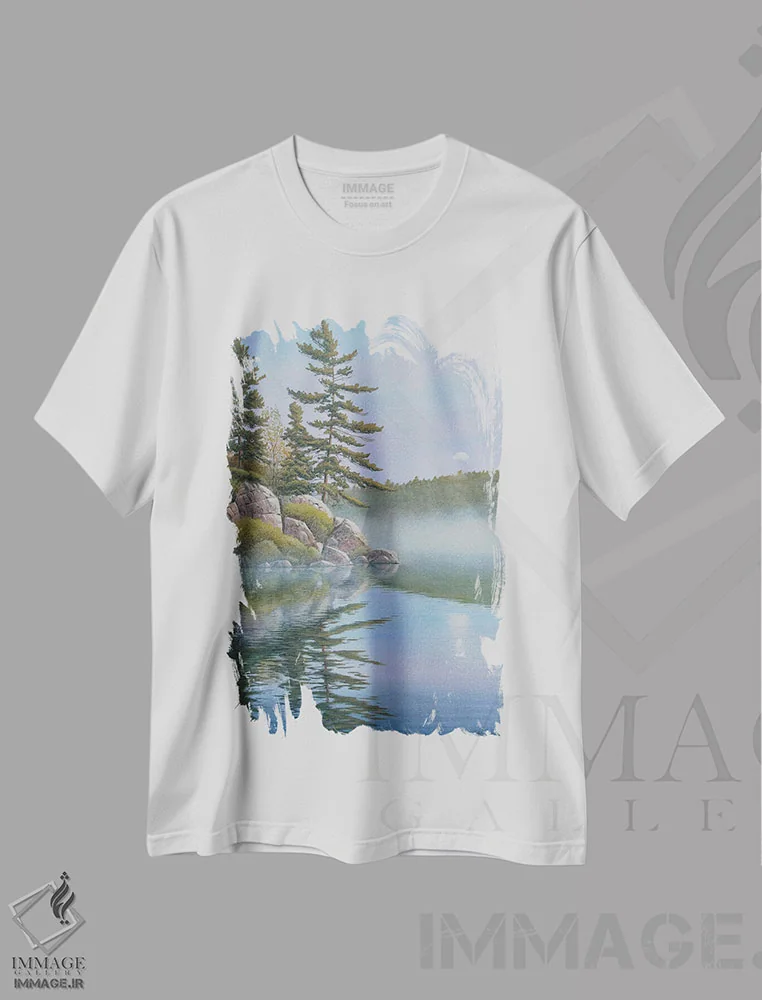 تیشرت سفید طرح دار بازتاب آرام، دکور کلبه و لژ اثر جیک وندن برینگک | فروشگاه ایماژ
