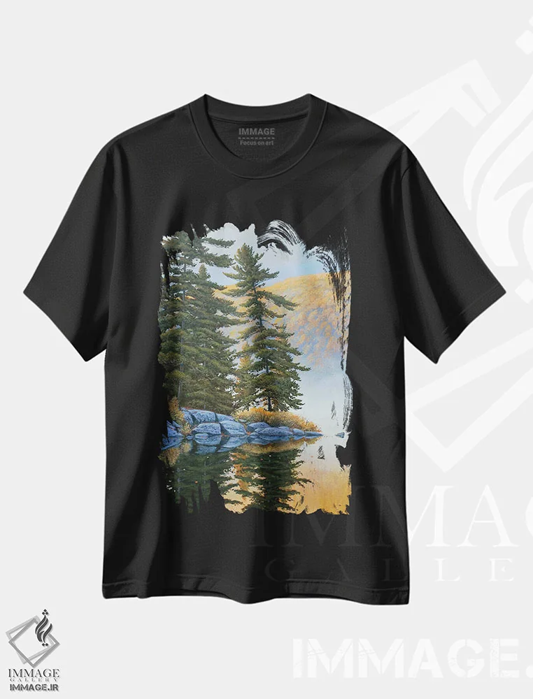 تیشرت مشکی طرح دار آرامش و سکوت، دکور کلبه و لژ اثر جیک وندن برینگک | فروشگاه ایماژ