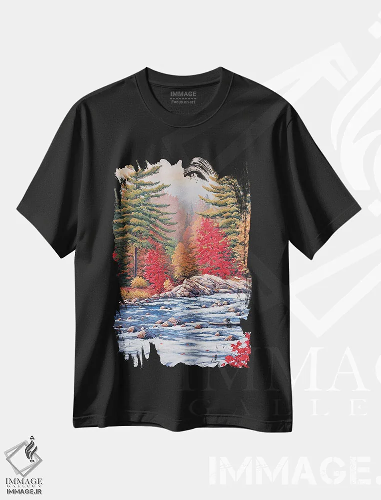 تیشرت مشکی طرح دار افراهای سرخ، آب سفید، دکور کلبه و لژ اثر جیک وندن برینگک | immage.ir