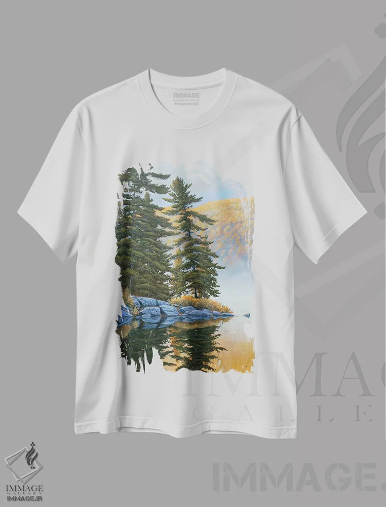 تیشرت سفید طرح دار آرامش و سکوت، دکور کلبه و لژ اثر جیک وندن برینگک | immage.ir