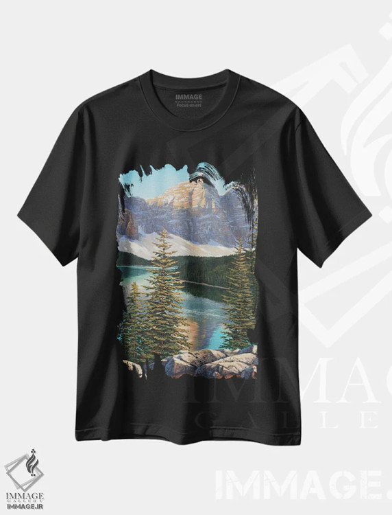تیشرت مشکی طرح دار طلوع کوهستانی، دکور کلبه و لژ اثر جیک وندن برینگک | immage.ir