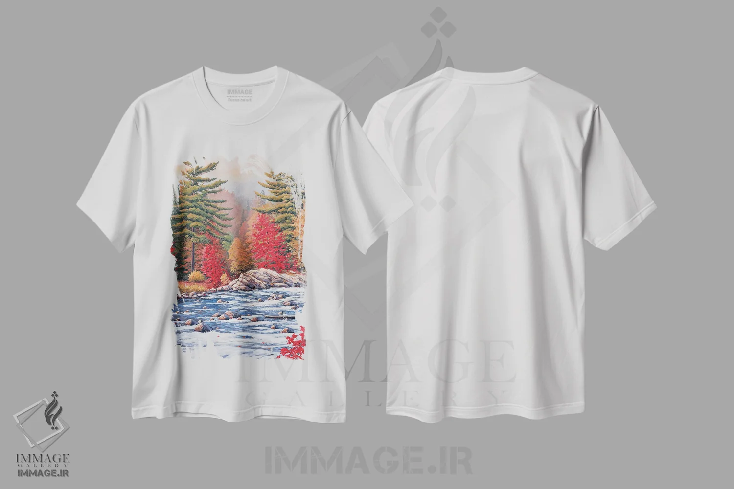 تیشرت سفید طرح دار افراهای سرخ، آب سفید، دکور کلبه و لژ اثر جیک وندن برینگک | فروشگاه ایماژ