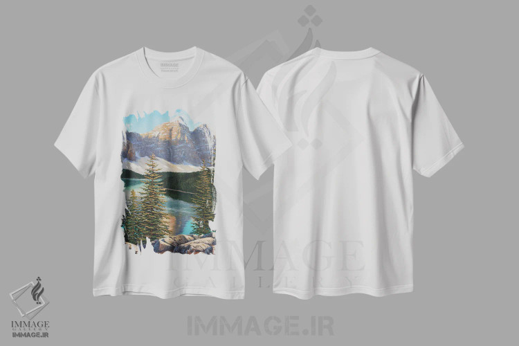 تیشرت سفید طرح دار طلوع کوهستانی، دکور کلبه و لژ اثر جیک وندن برینگک | فروشگاه ایماژ
