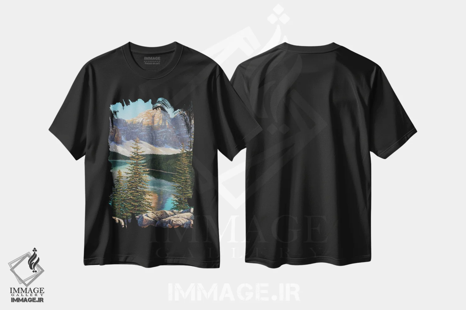 تیشرت مشکی طرح دار طلوع کوهستانی، دکور کلبه و لژ اثر جیک وندن برینگک | immage.ir