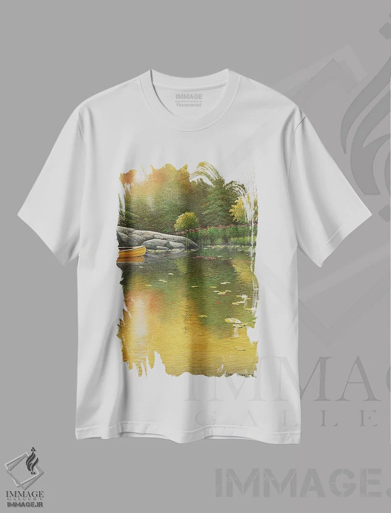 تیشرت سفید طرح دار طلوع تابستانی، دکور کلبه و لژ اثر جیک وندن برینگک | immage.ir