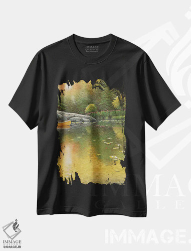 تیشرت مشکی طرح دار طلوع تابستانی، دکور کلبه و لژ اثر جیک وندن برینگک | فروشگاه ایماژ