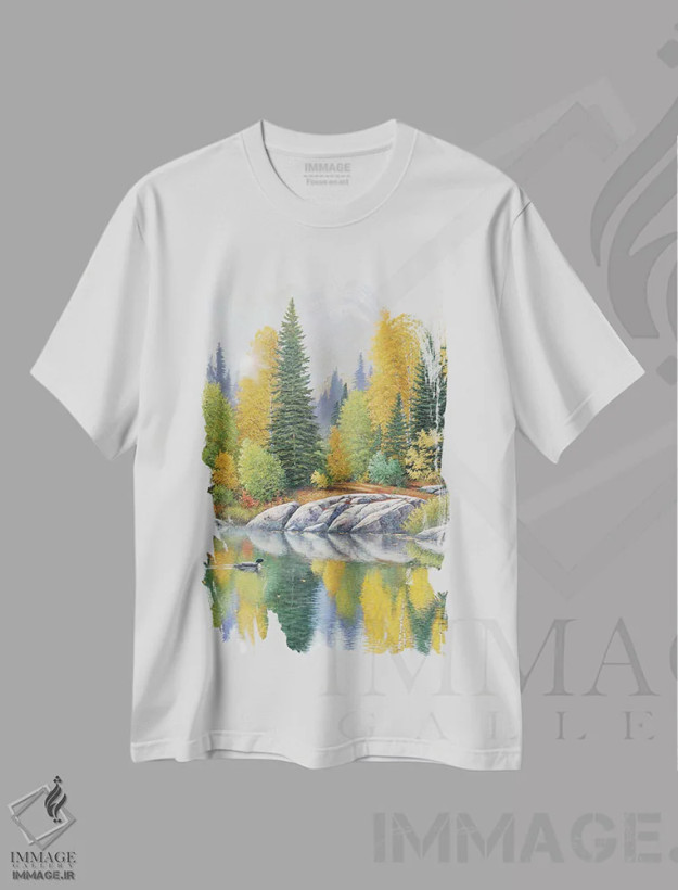تیشرت سفید طرح دار در هوای پاییزی، دکور کلبه و لژ اثر جیک وندن برینگک | فروشگاه ایماژ