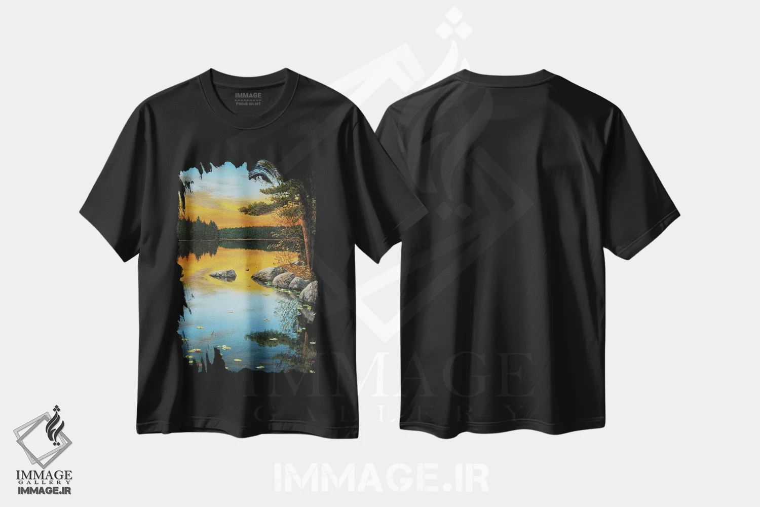 تیشرت مشکی طرح دار تابش غروب، دکور کلبه و لژ اثر جیک وندن برینگک | فروشگاه ایماژ