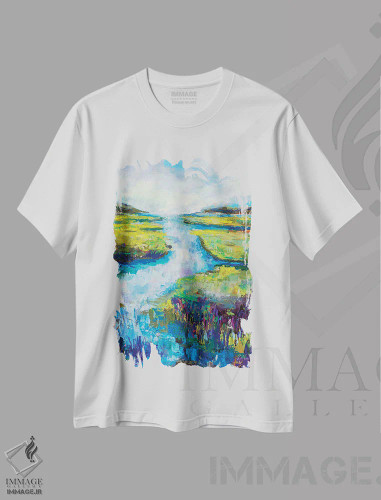 تیشرت سفید طرح دار منظر جزیره انبار، آبستره اثر ژانت ورتنتس | فروشگاه ایماژ