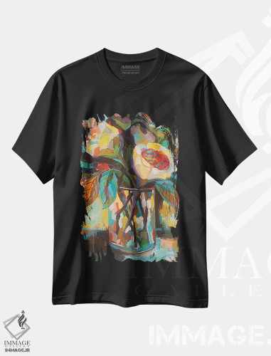 تیشرت مشکی طرح دار گل های شیشه ای نقش دار، دکور معاصر اثر ژانت ورتنتس | فروشگاه ایماژ