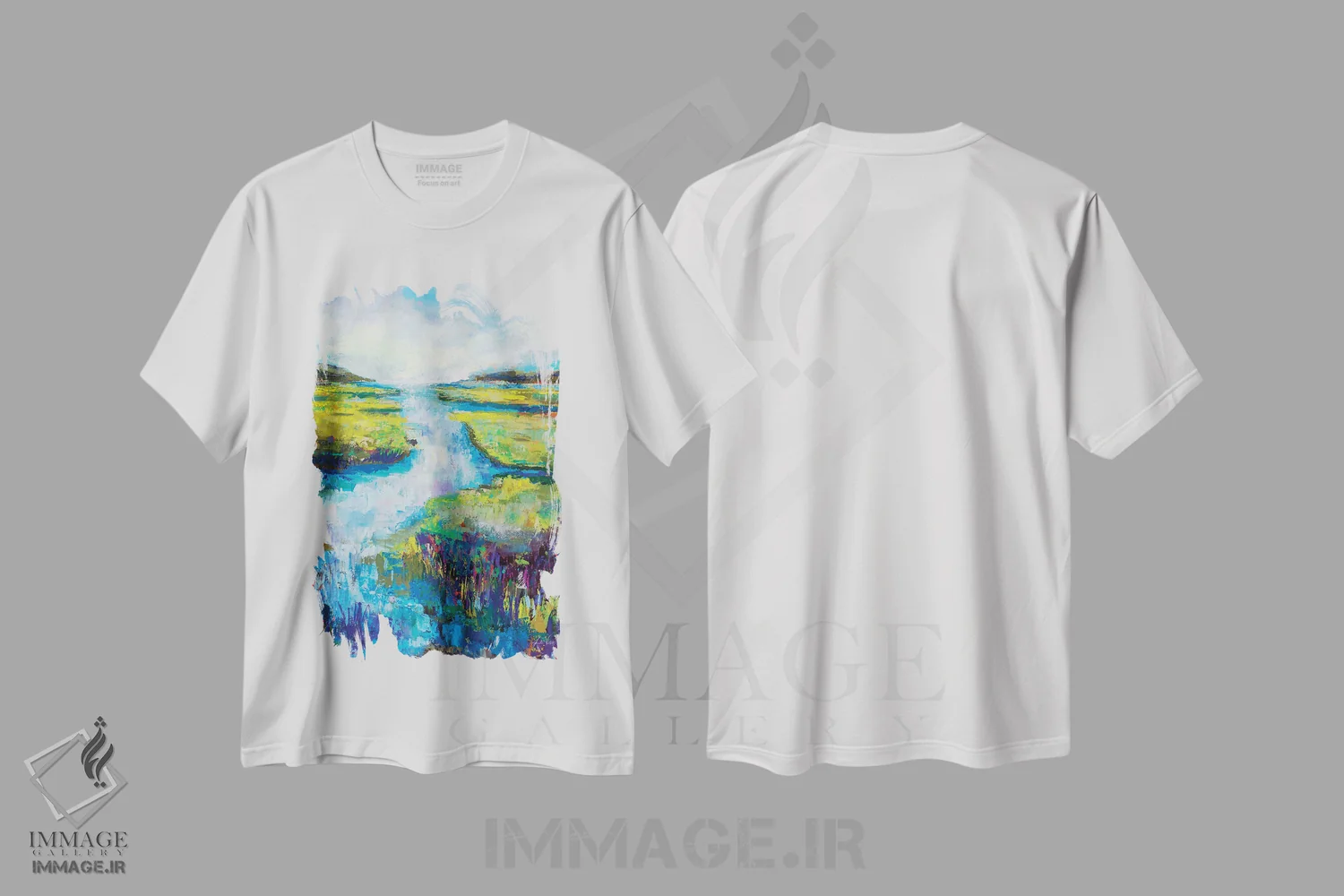 تیشرت سفید طرح دار منظر جزیره انبار، آبستره اثر ژانت ورتنتس | فروشگاه ایماژ
