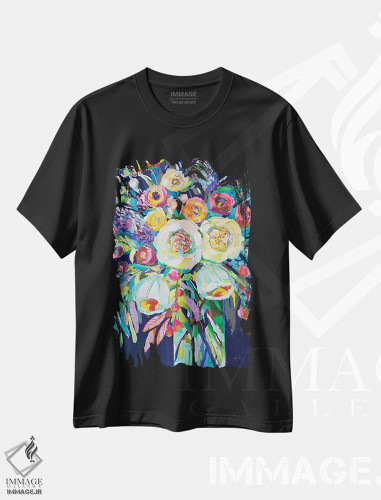 تیشرت مشکی طرح دار دسته گل لیلی، هنر فاخر معاصر اثر ژانت ورتنتس | فروشگاه ایماژ