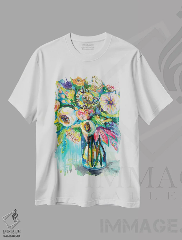 تیشرت سفید طرح دار انفجار رنگ، دکور معاصر اثر ژانت ورتنتس | فروشگاه ایماژ