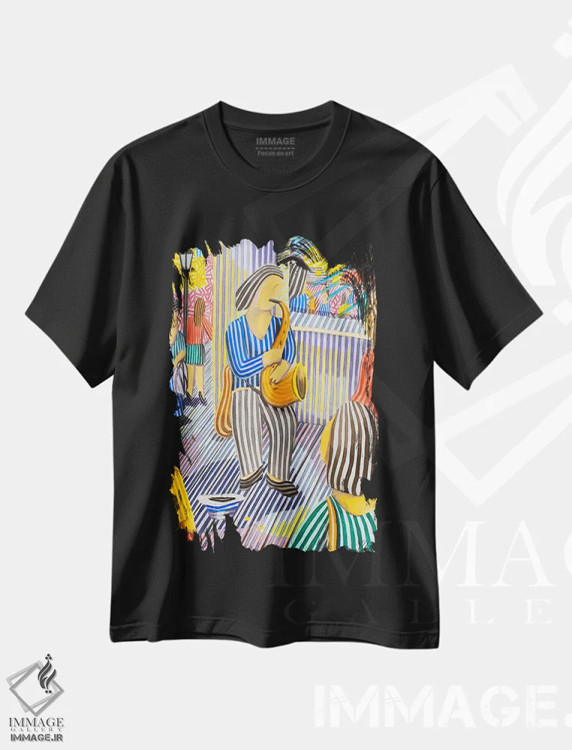 تیشرت مشکی طرح دار موسیقیدان شهری، هنر فاخر معاصر اثر خاویر اورتاس | immage.ir