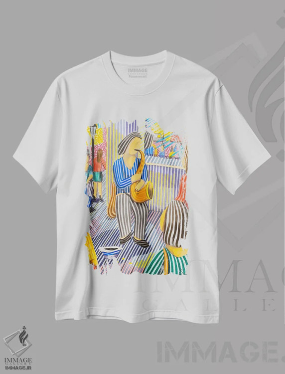 تیشرت سفید طرح دار موسیقیدان شهری، هنر فاخر معاصر اثر خاویر اورتاس | فروشگاه ایماژ