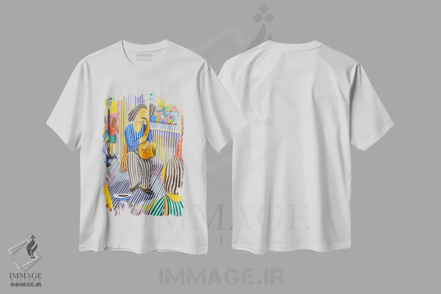 تیشرت سفید طرح دار موسیقیدان شهری، هنر فاخر معاصر اثر خاویر اورتاس | فروشگاه ایماژ
