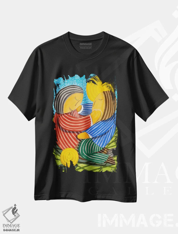 تیشرت مشکی طرح دار دو کودک و یک توپ، هنر فاخر معاصر اثر خاویر اورتاس | فروشگاه ایماژ