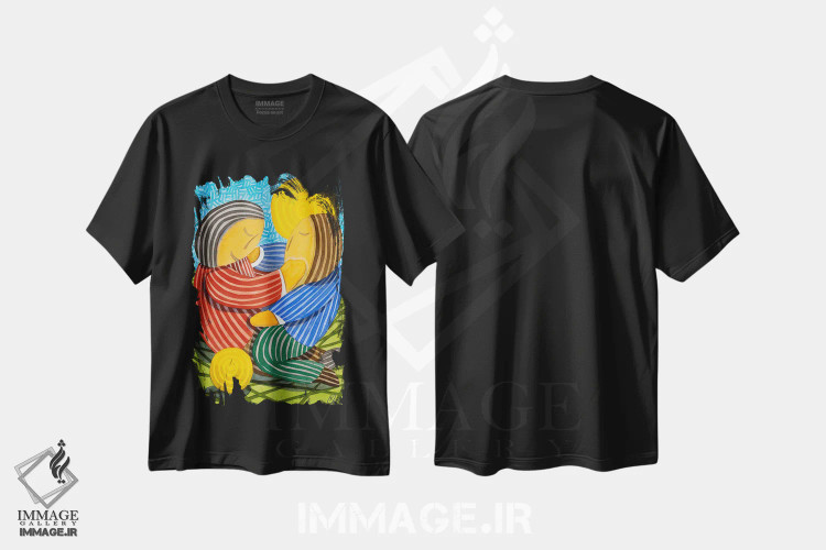 تیشرت مشکی طرح دار دو کودک و یک توپ، هنر فاخر معاصر اثر خاویر اورتاس | فروشگاه ایماژ