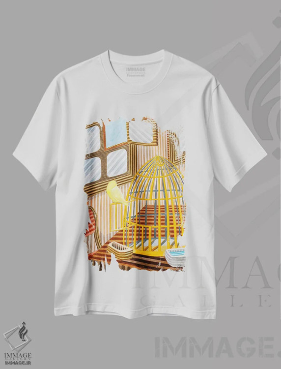 تیشرت سفید طرح دار قفس طلایی، هنر فاخر معاصر اثر خاویر اورتاس | immage.ir