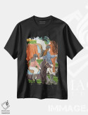 تیشرت مشکی طرح دار صحنه سوارکاری با یک پونی، هنر فاخر معاصر اثر خاویر اورتاس | فروشگاه ایماژ