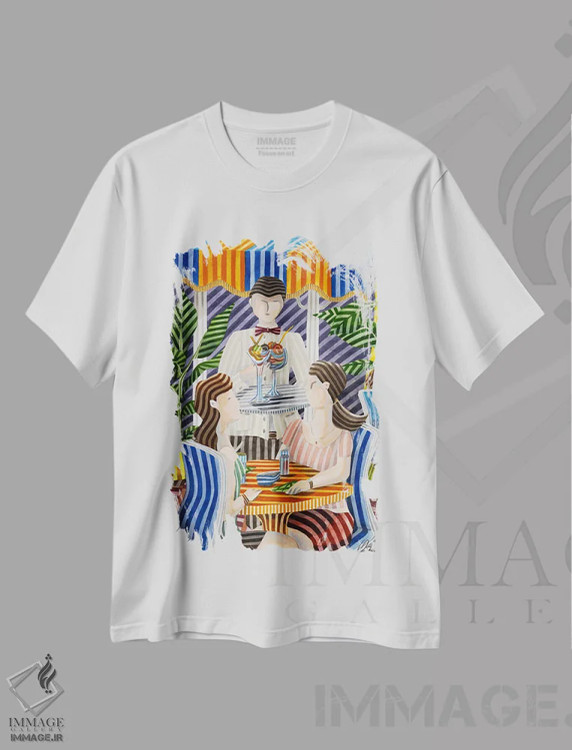 تیشرت سفید طرح دار صحنه ای از تراس، هنر فاخر معاصر اثر خاویر اورتاس | immage.ir