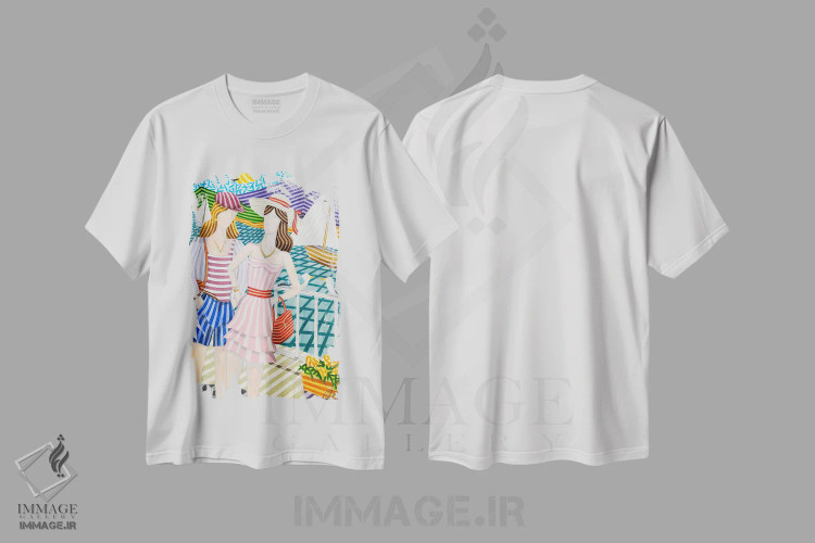 تیشرت سفید طرح دار دختران و قایق های بادبانی، هنر فاخر معاصر اثر خاویر اورتاس | فروشگاه ایماژ