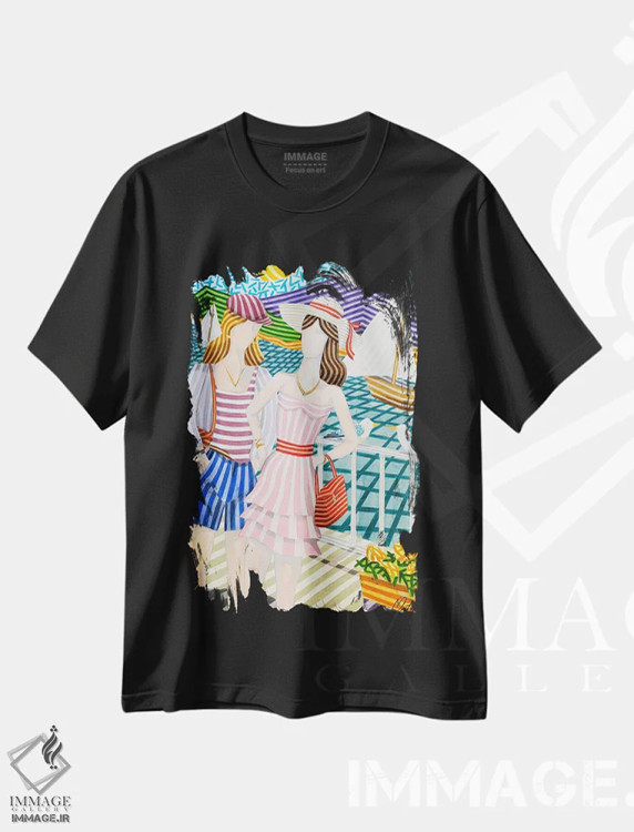 تیشرت مشکی طرح دار دختران و قایق های بادبانی، هنر فاخر معاصر اثر خاویر اورتاس | immage.ir