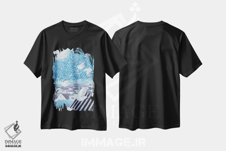 تیشرت مشکی طرح دار پرندگان در حال پرواز، هنر فاخر معاصر اثر خاویر اورتاس | فروشگاه ایماژ