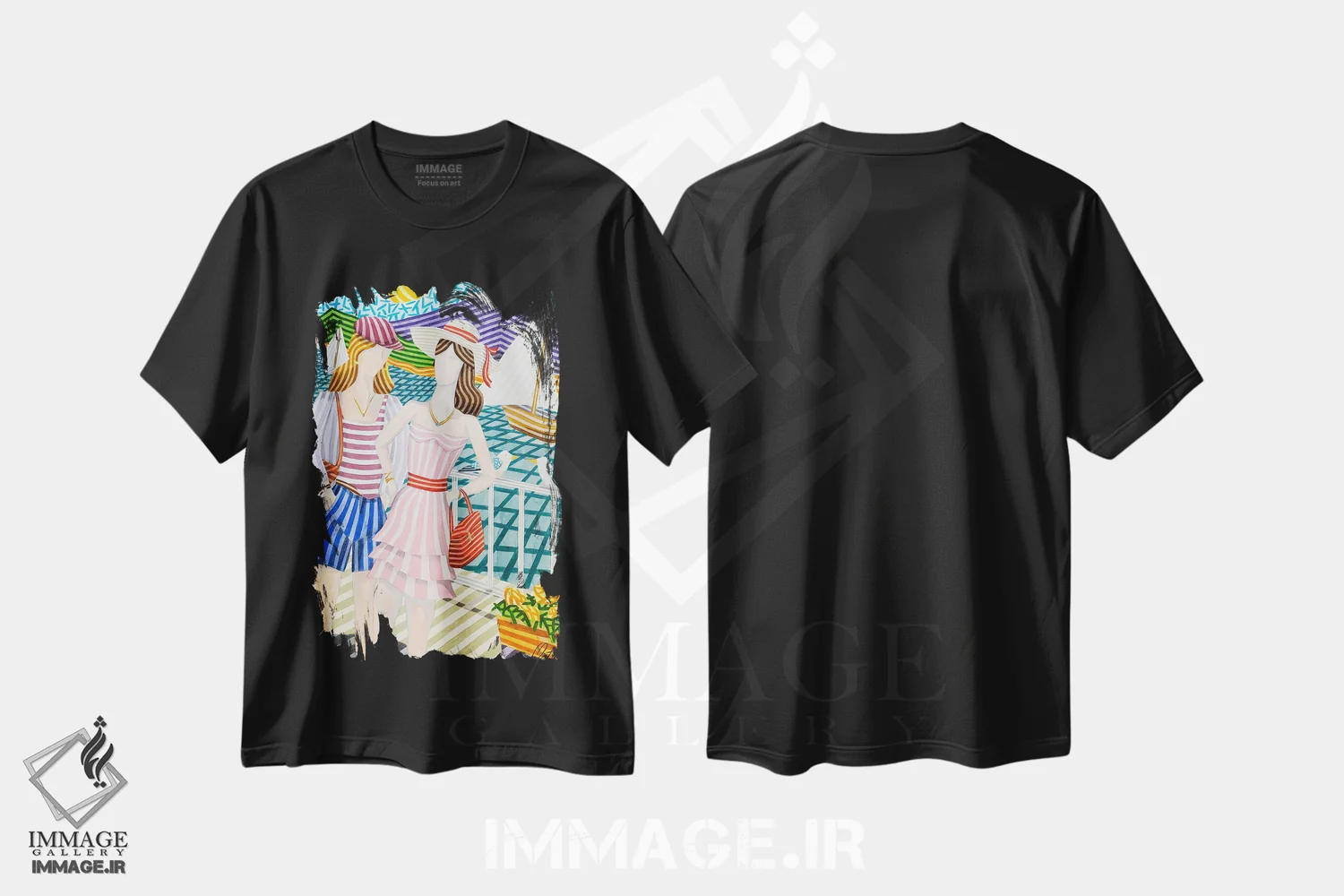 تیشرت مشکی طرح دار دختران و قایق های بادبانی، هنر فاخر معاصر اثر خاویر اورتاس | immage.ir