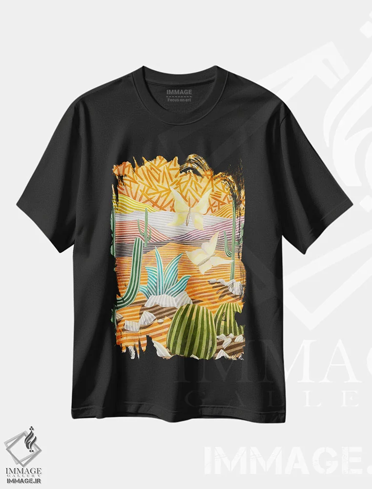 تیشرت مشکی طرح دار دو پروانه زرد، هنر فاخر معاصر اثر خاویر اورتاس | immage.ir