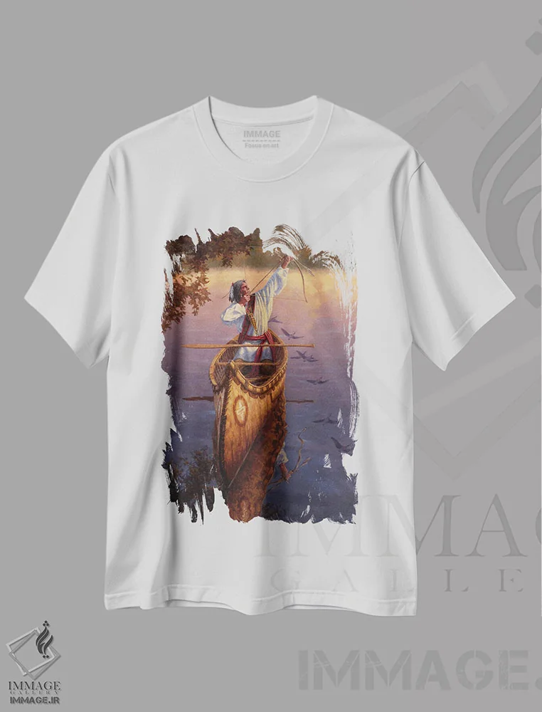 تیشرت سفید طرح دار او شکارچی آسمان است، دکور کلبه و لژ اثر جو ولاسکز | immage.ir