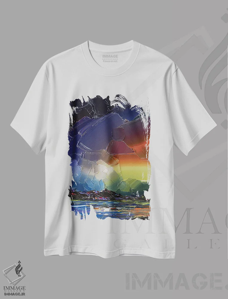 تیشرت سفید طرح دار آسمان رنگین کمانی ۲۳، آبستره اثر جوزف ویلانوا | فروشگاه ایماژ