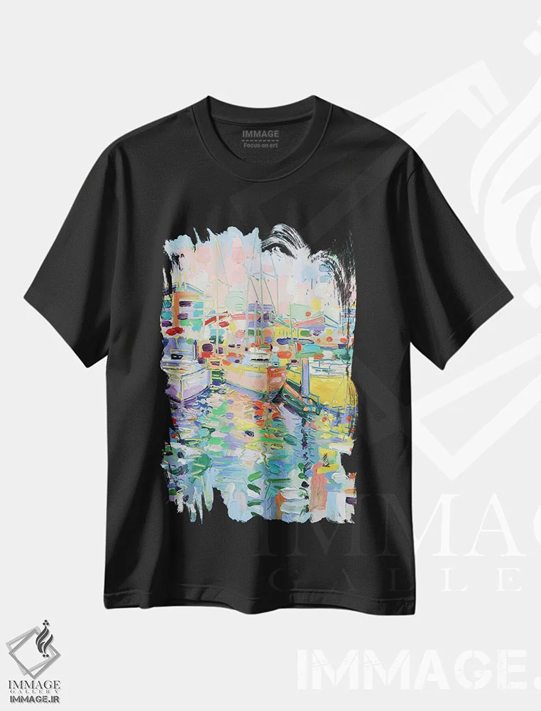 تیشرت مشکی طرح دار اسکلهٔ قایق سواری کینگز ۲، دکور ساحلی اثر جوزف ویلانوا | immage.ir