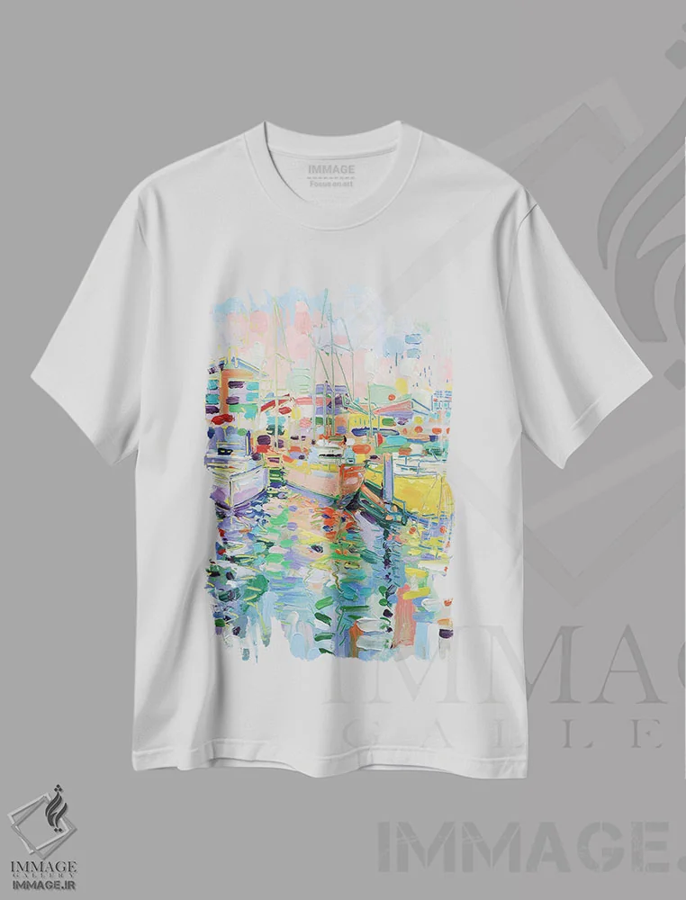 تیشرت سفید طرح دار اسکلهٔ قایق سواری کینگز ۲، دکور ساحلی اثر جوزف ویلانوا | فروشگاه ایماژ