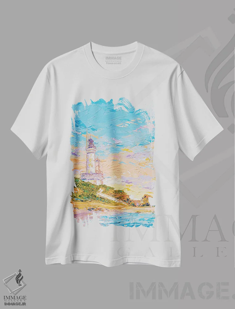 تیشرت سفید طرح دار فانوس دریایی پوینت لانسدال ۳، دکور ساحلی اثر جوزف ویلانوا | immage.ir